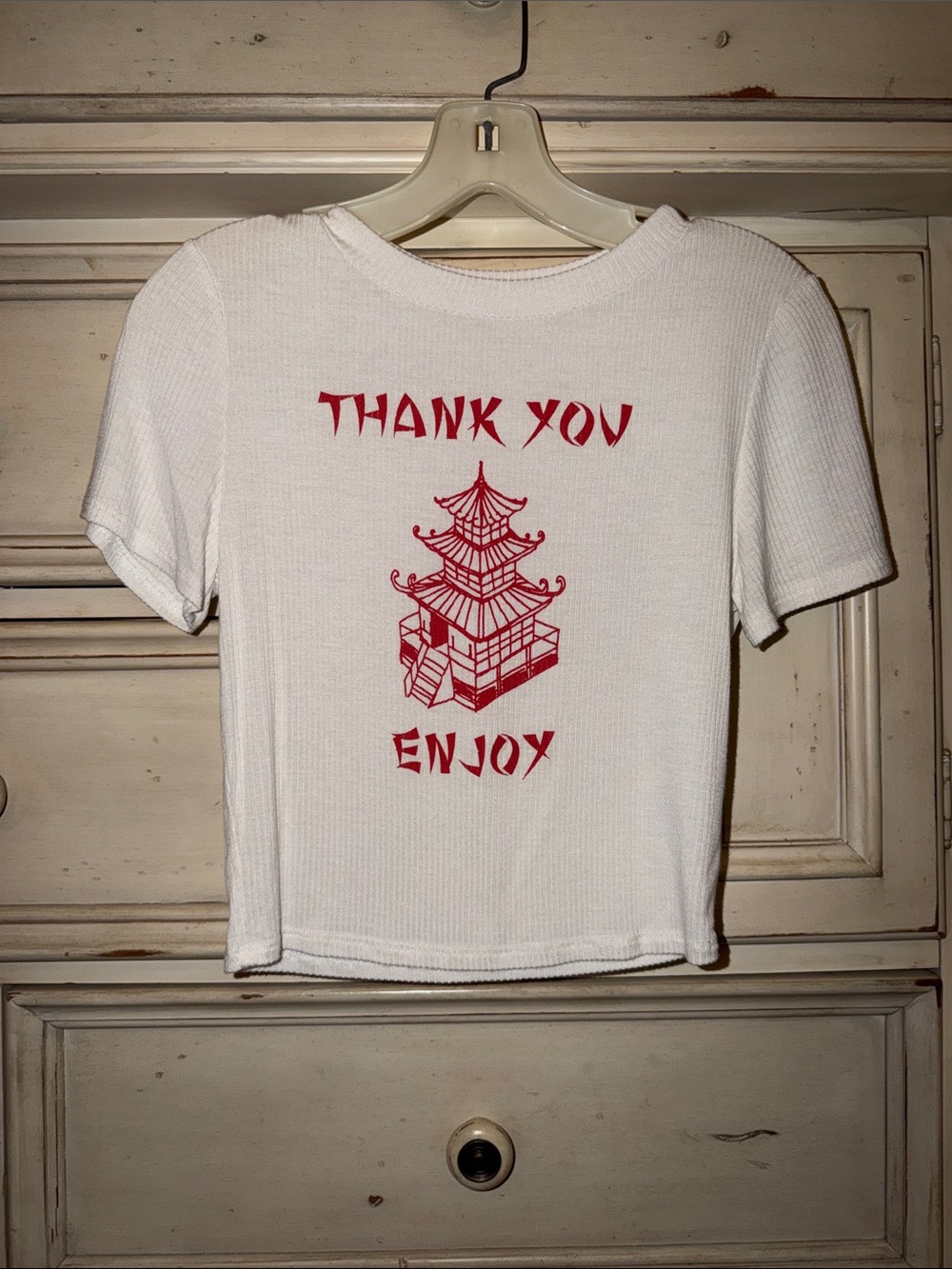 Fashion Nova White Ribbed Short Sleeve Tee with Red Graphic